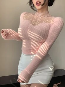 Joudiya 秋冬季粉色修身拉绒蓬松高领蕾丝网纱拼接衬衫，适合派对、返校、新年、圣诞节等场合，长袖女式T恤外出上衣 - 粉色 - 查看 5
