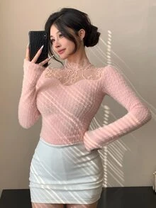 Joudiya 秋冬季粉色修身拉绒蓬松高领蕾丝网纱拼接衬衫，适合派对、返校、新年、圣诞节等场合，长袖女式T恤外出上衣 - 粉色 - 查看 1