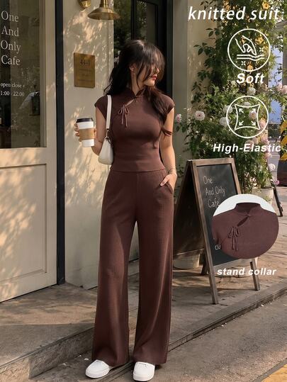 SHEIN MOD Women Chic French Retro Dark Brown Ribbed Knit Two Pieces Outfit Featuring Mandarin Collar Tie Front Top And Wide Leg Elastic Waist Pants Lounge Set