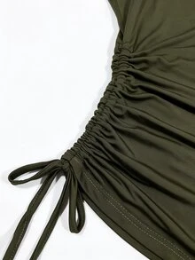 SHEIN 女款秋季極簡休閒披肩領長袖抽繩上衣配長褲 2 件套日常穿搭 橄欖綠居家旅行裝 - 綠色 - 查看 9