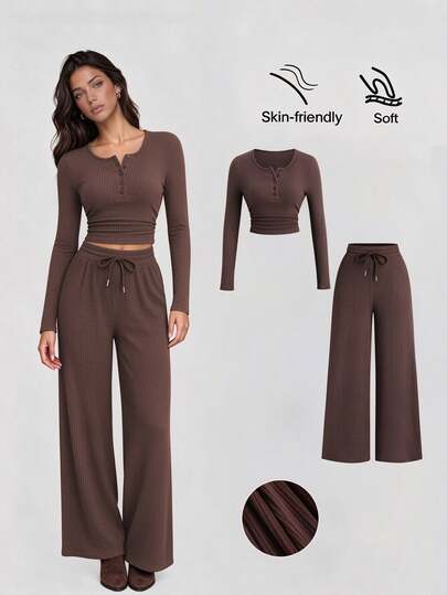 Sweetra Women's Coffee Brown 2-Piece Set,Fall Winter Casual Loungewear Plush Ribbed Fabric Ruched Design Adjustable Waistband Textured Solid Color Outfits