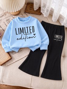 SHEIN Souflis 幼兒女嬰服裝套裝，字母印花藍色運動衫與黑色喇叭褲 2 件套，嬰兒秋冬時尚長袖套裝 - 藍色 - 查看 9
