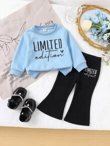 SHEIN Souflis 幼兒女嬰服裝套裝，字母印花藍色運動衫與黑色喇叭褲 2 件套，嬰兒秋冬時尚長袖套裝 - 藍色 - 查看 10