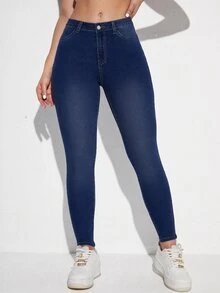 SHEIN Essnce 女款口袋鈕扣修身時尚休閒百搭牛仔褲 - 深色水洗藍 - 查看 2