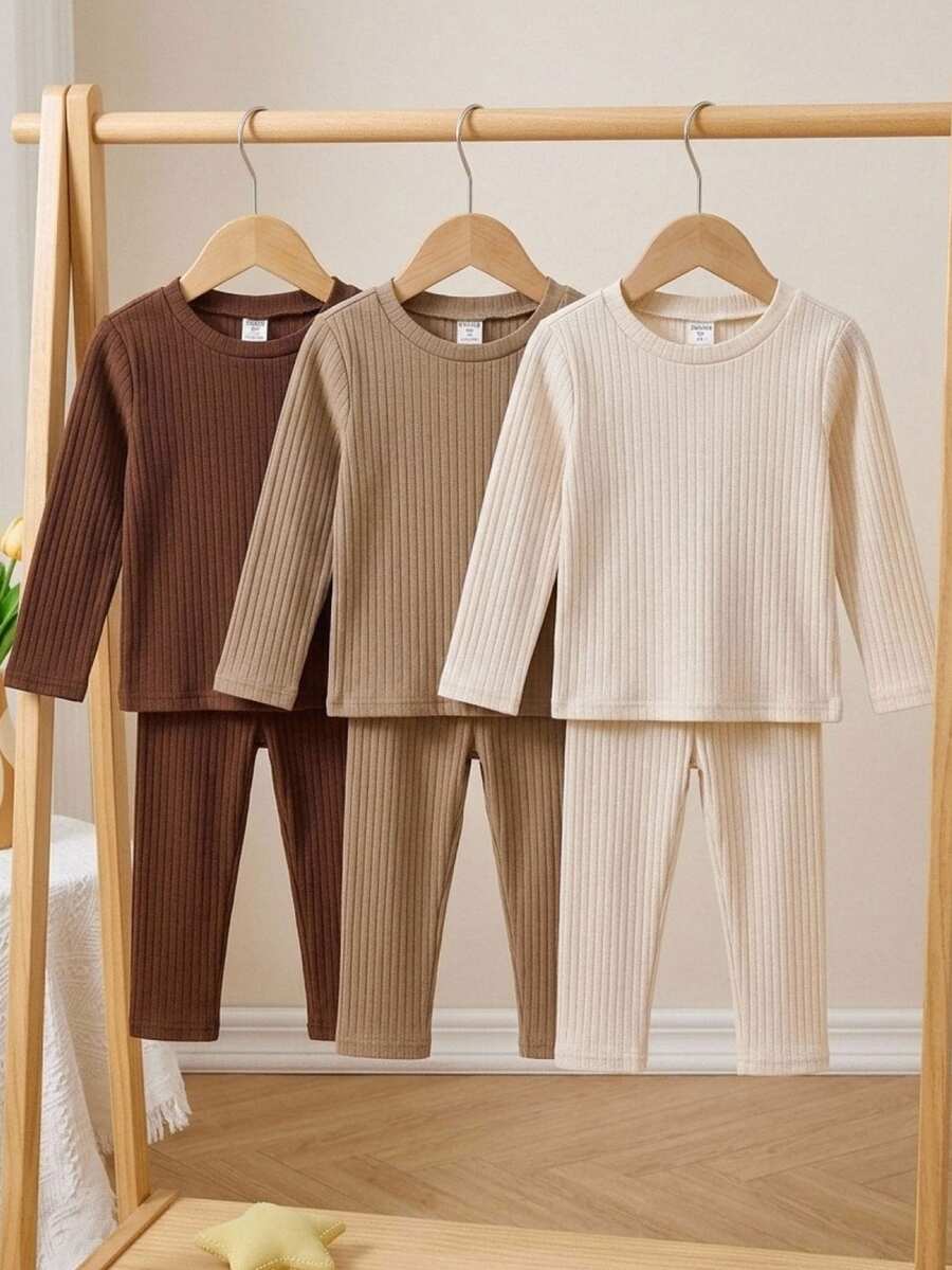 Young Girl Solid Color Round Neck Long Sleeve Ribbed T-Shirt Set - Multicolor - View 1