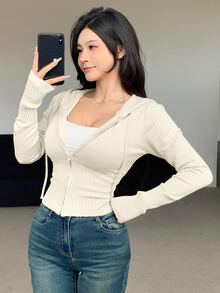 DAZY 1 pieza Chaqueta con capucha de manga larga y cremallera de unicolor ajustada para mujer, ropa de mujer de otoño - Blanco - Ver 5