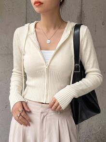 DAZY 1 pieza Chaqueta con capucha de manga larga y cremallera de unicolor ajustada para mujer, ropa de mujer de otoño - Blanco - Ver 6
