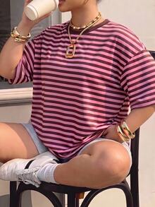 Muchica Pink Plus Size Women's Striped Round Neck Short Sleeve Casual Cowboy T-Shirt Formal Summer - Pink - View 4