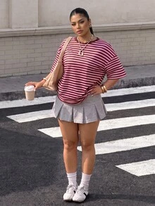 Muchica Pink Plus Size Women's Striped Round Neck Short Sleeve Casual Cowboy T-Shirt Formal Summer - Pink - View 1
