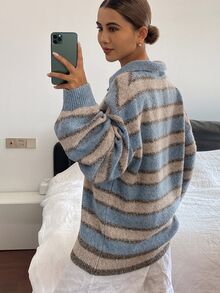 Livesso 女式休闲条纹纽扣长袖毛衣 - 藍色 - 查看 5