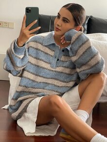 Livesso 女式休闲条纹纽扣长袖毛衣 - 藍色 - 查看 7