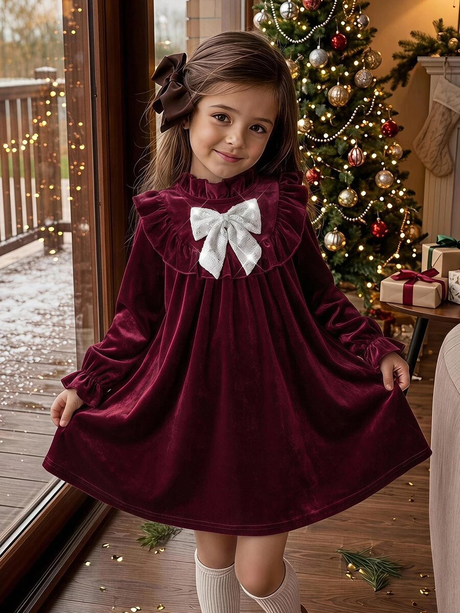 SHEIN Gaun Kasual Anak Perempuan Rajut Warna Polos Beludru Kerah Berkerut Patchwork Warna Kontras Payet Pita 3D Musim Gugur - Merah - View 1