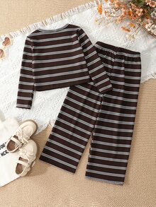 SHEIN Young Girl) T-Shirt Set, Round Neck Long Sleeve Top And Matching Long Pants, Dark Brown Base With Light Gray + Thin Blue Horizontal Stripes, Vintage Casual Style, Suitable For Outings And Layering In Spring, Autumn And Winter - Brown - View 2