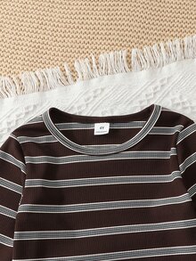 SHEIN Young Girl) T-Shirt Set, Round Neck Long Sleeve Top And Matching Long Pants, Dark Brown Base With Light Gray + Thin Blue Horizontal Stripes, Vintage Casual Style, Suitable For Outings And Layering In Spring, Autumn And Winter - Brown - View 3