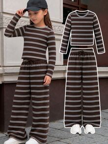 SHEIN Young Girl) T-Shirt Set, Round Neck Long Sleeve Top And Matching Long Pants, Dark Brown Base With Light Gray + Thin Blue Horizontal Stripes, Vintage Casual Style, Suitable For Outings And Layering In Spring, Autumn And Winter - Brown - View 1