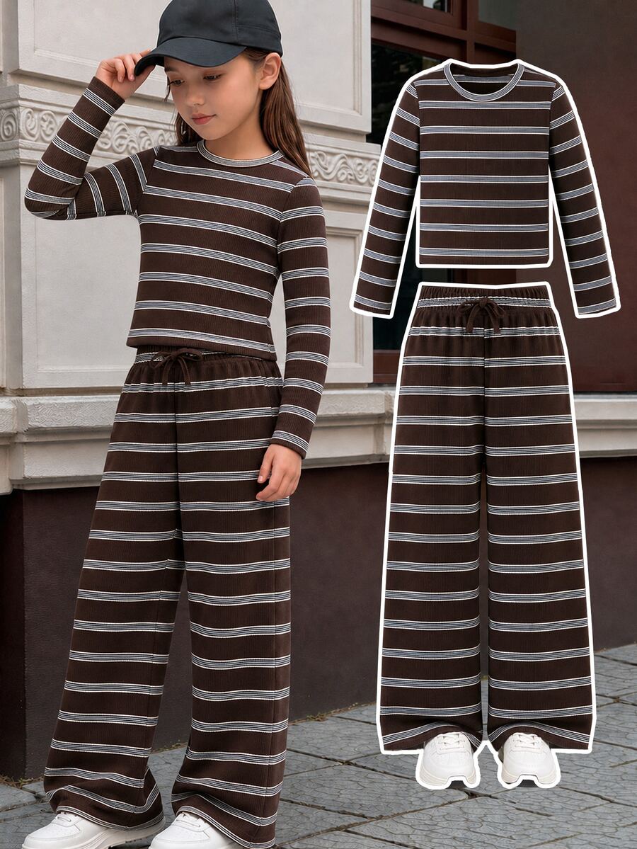 SHEIN Young Girl) T-Shirt Set, Round Neck Long Sleeve Top And Matching Long Pants, Dark Brown Base With Light Gray + Thin Blue Horizontal Stripes, Vintage Casual Style, Suitable For Outings And Layering In Spring, Autumn And Winter - Brown - View 1