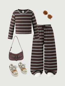SHEIN Young Girl) T-Shirt Set, Round Neck Long Sleeve Top And Matching Long Pants, Dark Brown Base With Light Gray + Thin Blue Horizontal Stripes, Vintage Casual Style, Suitable For Outings And Layering In Spring, Autumn And Winter - Brown - View 6