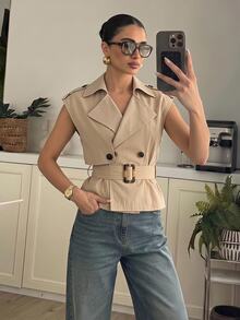 Lumalex New Autumn/Spring High-End Women's Daily Commute Tan Stand Collar Curved Shoulder Double-Breasted Waist Sleeveless Short Trench Coat Vest - Apricot - View 2