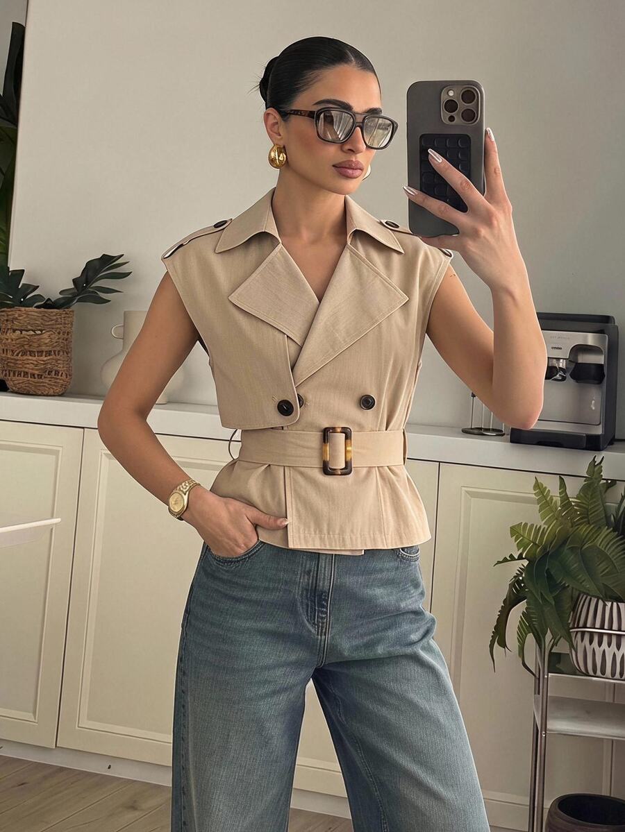 Lumalex New Autumn/Spring High-End Women's Daily Commute Tan Stand Collar Curved Shoulder Double-Breasted Waist Sleeveless Short Trench Coat Vest
