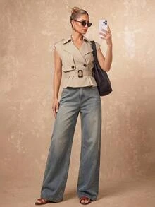 Lumalex New Autumn/Spring High-End Women's Daily Commute Tan Stand Collar Curved Shoulder Double-Breasted Waist Sleeveless Short Trench Coat Vest - Apricot - View 4
