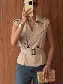 Lumalex New Autumn/Spring High-End Women's Daily Commute Tan Stand Collar Curved Shoulder Double-Breasted Waist Sleeveless Short Trench Coat Vest - Apricot - View 12