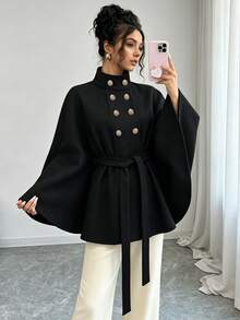 SHEIN Women's Autumn/Winter Minimalist Elegant High Neck Double-Breasted Decorative Button Cape Style Tie-Front Overcoat, Suitable For Daily Wear, Intellectual And Elegant - Black - View 7
