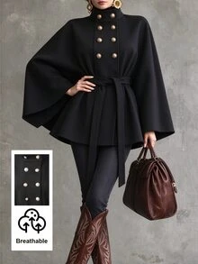 SHEIN Women's Autumn/Winter Minimalist Elegant High Neck Double-Breasted Decorative Button Cape Style Tie-Front Overcoat, Suitable For Daily Wear, Intellectual And Elegant - Black - View 6