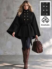 SHEIN Women's Autumn/Winter Minimalist Elegant High Neck Double-Breasted Decorative Button Cape Style Tie-Front Overcoat, Suitable For Daily Wear, Intellectual And Elegant - Black - View 5