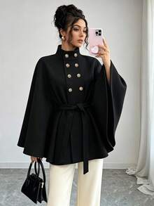 SHEIN Women's Autumn/Winter Minimalist Elegant High Neck Double-Breasted Decorative Button Cape Style Tie-Front Overcoat, Suitable For Daily Wear, Intellectual And Elegant - Black - View 3