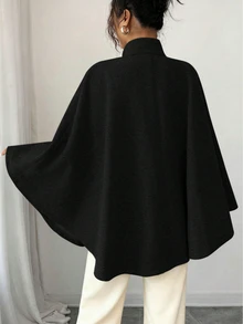 SHEIN Women's Autumn/Winter Minimalist Elegant High Neck Double-Breasted Decorative Button Cape Style Tie-Front Overcoat, Suitable For Daily Wear, Intellectual And Elegant - Black - View 2