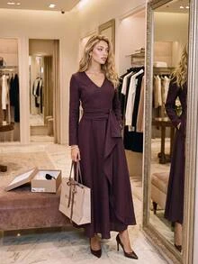 Editum Women's Solid Color V-Neck Casual Dress - Burgundy - View 4