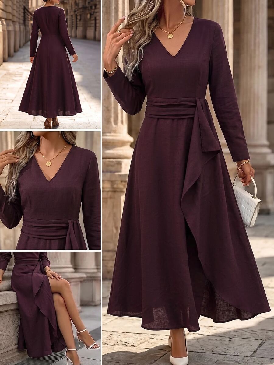Editum Women's Solid Color V-Neck Casual Dress