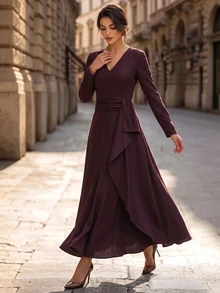 Editum Women's Solid Color V-Neck Casual Dress - Burgundy - View 8
