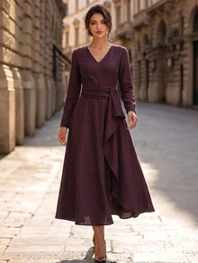 Editum Women's Solid Color V-Neck Casual Dress - Burgundy - View 7
