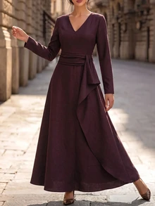 Editum Women's Solid Color V-Neck Casual Dress - Burgundy - View 11