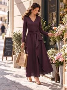 Editum Women's Solid Color V-Neck Casual Dress - Burgundy - View 3