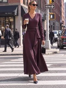 Editum Women's Solid Color V-Neck Casual Dress - Burgundy - View 5