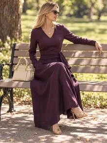 Editum Women's Solid Color V-Neck Casual Dress - Burgundy - View 6