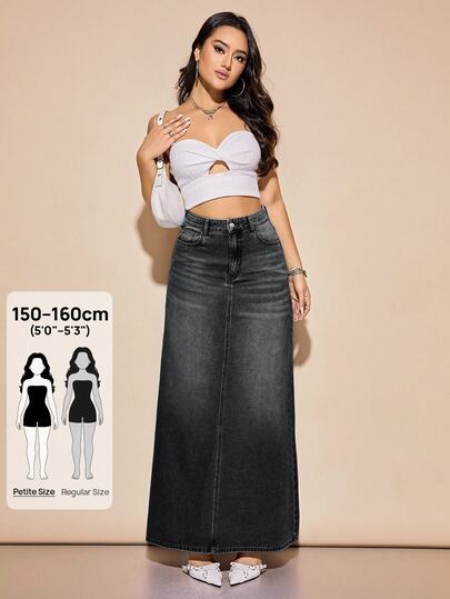 SHEIN PETITE تنورة جينز طويلة سميكة سوداء مغسولة بأزرار وسحاب مستقيمة كاجوال دافئة للتنقل والمكتب للنساء في الشتاء