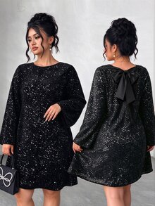 SHEIN Clasi CURVE 大尺碼派對洋裝，大圓領、背後蝴蝶結、喇叭袖、直筒寬鬆版型，亮片漸層設計 - 黑色 - 查看 4