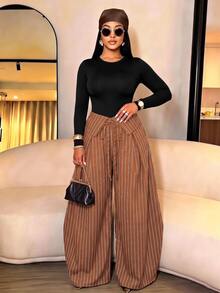 SOLERSUN Plus-Size Streetwear Casual Elegant-Style Retro Striped Wide-Leg Trousers With Deconstructed Fold-Over Waistband Fall Office Formal Brown - Mocha Brown - View 3