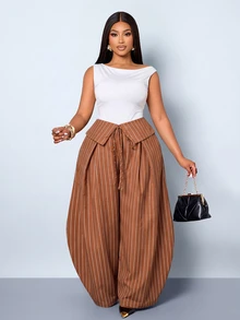 SOLERSUN Plus-Size Streetwear Casual Elegant-Style Retro Striped Wide-Leg Trousers With Deconstructed Fold-Over Waistband Fall Office Formal Brown - Mocha Brown - View 6