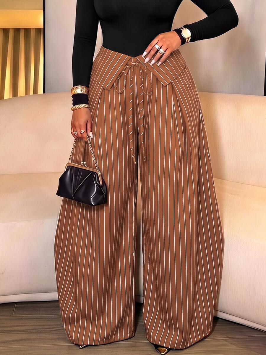 SOLERSUN Plus-Size Streetwear Casual Elegant-Style Retro Striped Wide-Leg Trousers With Deconstructed Fold-Over Waistband Fall Office Formal Brown - Mocha Brown - View 1