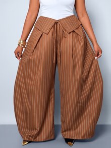 SOLERSUN Plus-Size Streetwear Casual Elegant-Style Retro Striped Wide-Leg Trousers With Deconstructed Fold-Over Waistband Fall Office Formal Brown - Mocha Brown - View 2