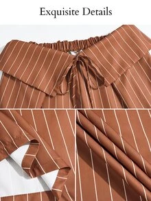 SOLERSUN Plus-Size Streetwear Casual Elegant-Style Retro Striped Wide-Leg Trousers With Deconstructed Fold-Over Waistband Fall Office Formal Brown - Mocha Brown - View 8