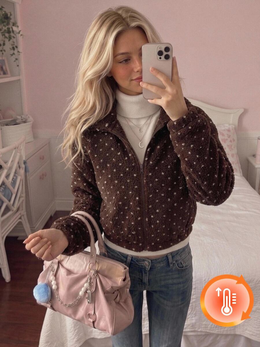 CovetEZ Women's Korean Style Cute Casual Comfortable Jacquard Zipper Long Sleeve Jacket Everyday School Brown And White Polka Dot Winter - Brown - View 1