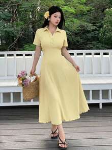 Modelyn Women's Pale Yellow Summer Elegant Tea Party Dress,Polo Collar Button-Front Textured A-Line Midi Dress,Short Sleeve Two-Way Stretch Spandex Knit Gown - Yellow - View 5