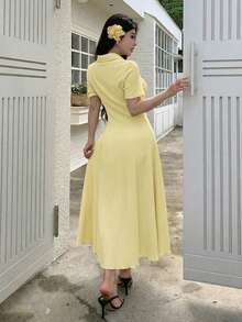 Modelyn Women's Pale Yellow Summer Elegant Tea Party Dress,Polo Collar Button-Front Textured A-Line Midi Dress,Short Sleeve Two-Way Stretch Spandex Knit Gown - Yellow - View 3