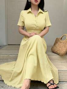 Modelyn Women's Pale Yellow Summer Elegant Tea Party Dress,Polo Collar Button-Front Textured A-Line Midi Dress,Short Sleeve Two-Way Stretch Spandex Knit Gown - Yellow - View 4