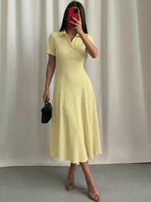 Modelyn Women's Pale Yellow Summer Elegant Tea Party Dress,Polo Collar Button-Front Textured A-Line Midi Dress,Short Sleeve Two-Way Stretch Spandex Knit Gown - Yellow - View 9